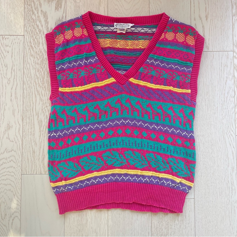 Vintage 80s the Villager Intarsia Knit Pineapples Giraffes Palm Trees Knit Vest